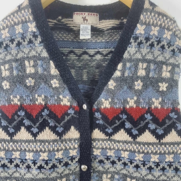 Point Zero Vintage 90s Hand Knit 100%Wool Sleeveles Cardigan Sweater Vest Womens - Picture 2 of 6